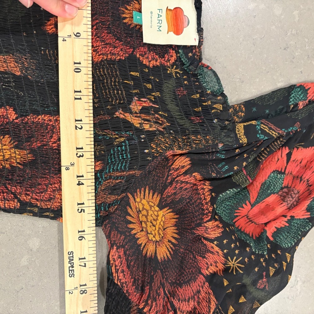 Farm Rio River Creatures Top Black Floral Smocked Long Sleeve Whimsigoth Sheer L - Picture 12 of 13